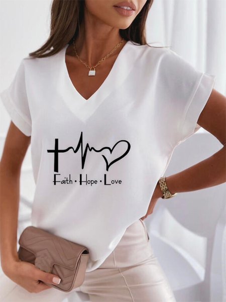 

Letter Casual Short sleeve V Neck Shirts & Tops, White, T-Shirts