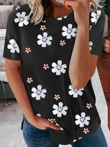 

Casual Floral Short Sleeve Round Neck Loosen Shirts & Tops, Black, T-Shirts