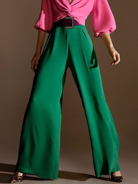 

Loosen Simple Plain Long Wide Leg Pants, Green, Wide Leg Pants