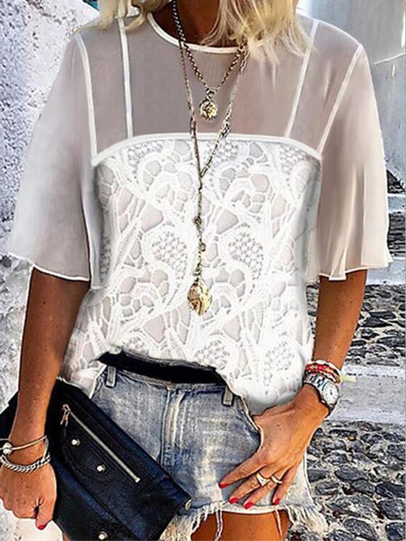

Plain Lace Half Sleeve Crew Neck Plus Size Casual Tops, White, Tops