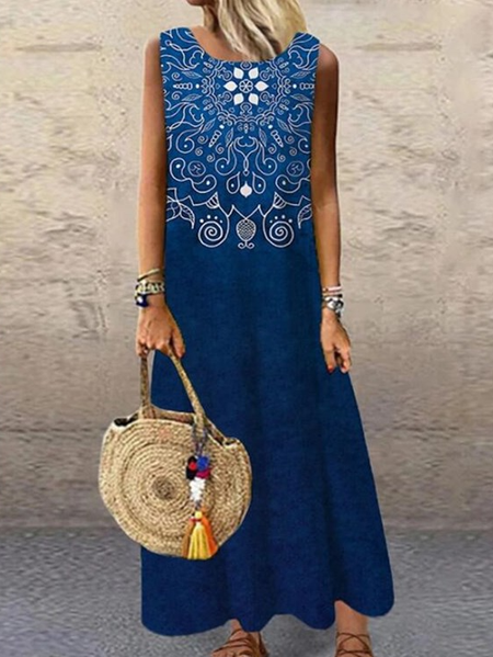 

Paisley Crew Neck Casual Weaving Dress, Blue, Midi Dresses