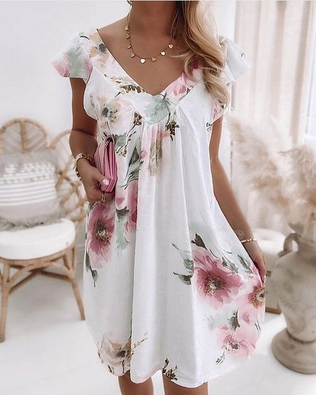 

V Neck Floral Dresses, Off white, Mini Dresses