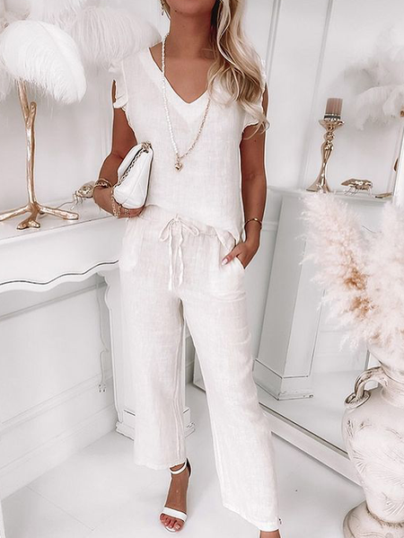 

Casual Plain Loosen V Neck Tops With Pants Suits, Off white, Two-piece Outfits