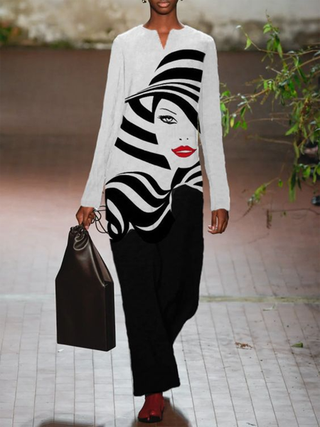

Art Print White Black Color Block V-neck Long Sleeve Casual Maxi Dresses, Casual Dresses