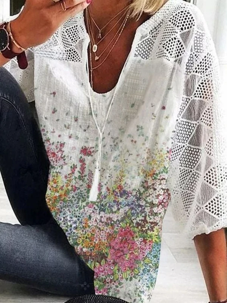 

Cotton Blends Vacation Floral Loosen Shirts & Tops, White, Long sleeve tops