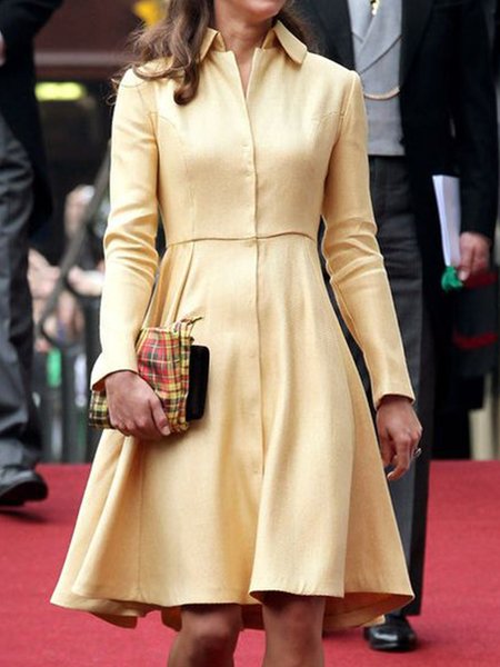 

Long sleeve Plain Shirt Collar Daily Dress, Yellow, Midi Dresses