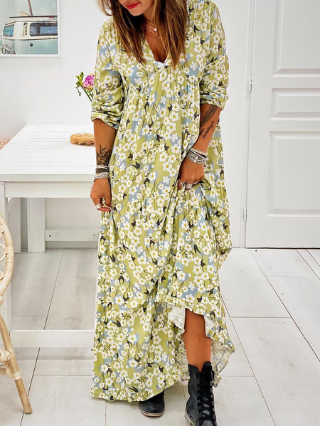 

Plus size Holiday Floral V Neck Dresses, As picture, Maxi Dresses