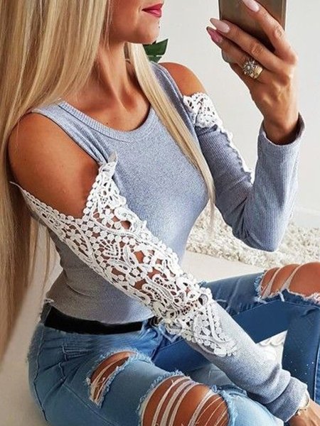 

Sexy Solid Skinny Crew Neck Long Sleeve Shirts & Tops, Gray, T-Shirts