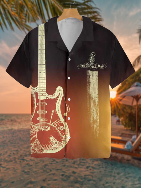 

Holiday Casual Music Element Gradient Rock Guitar And Letter Pattern Hawaiian Print Shirt Top, Multicolor, Men's Floral shirt