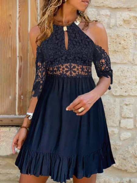 

Plain Lace Half Sleeve Halter Plus Size Casual Dresses, Deep blue, Mini Dresses