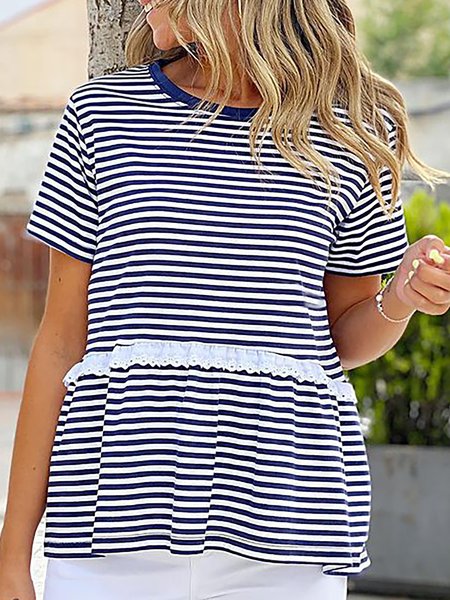 

Crew Neck Loosen Striped Lace Short Sleeves Shirts & Tops, Navy blue, T-Shirts