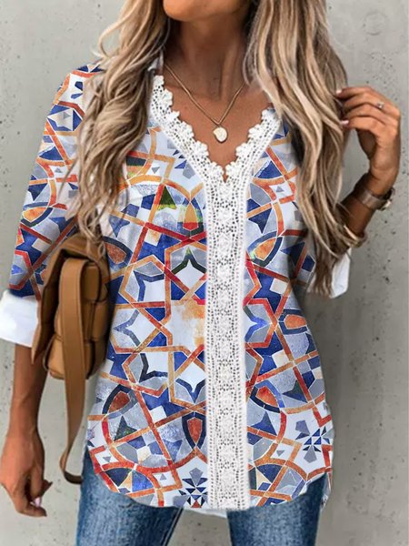 

Boho Tribal Geometric Loosen V Neck Shirts & Tops, Flower, Tops