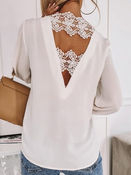 

Plus Size Casual Solid Loosen V neck Shirts & Tops, White, Tops
