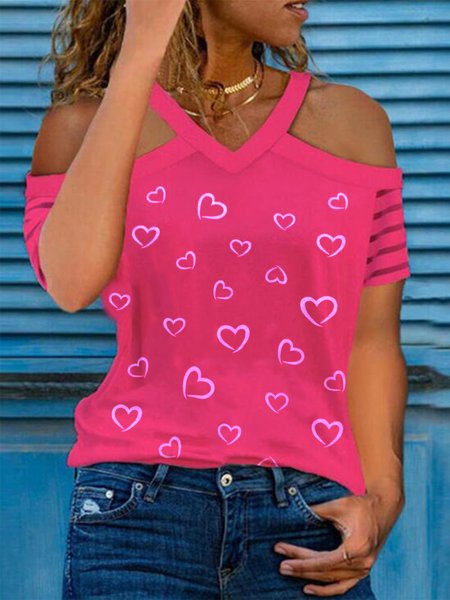 

Short Sleeve Love Heart V Neck Plus Size Casual Tops, Rose red, T-Shirts