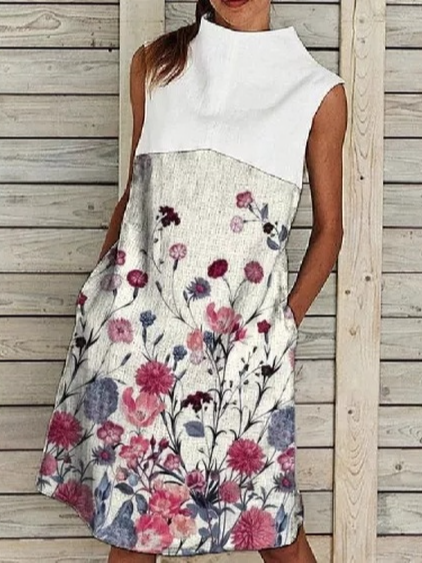 

High Neck Floral Cotton Blends Dresses, White, Midi Dresses
