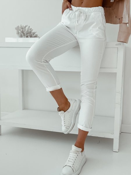 

Plain no pattern fit elastic pocket drawcord basic simple pants Capri Pants, White, Pants