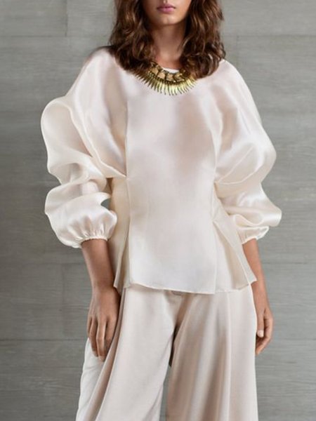 

Elegant Long Sleeve Regular Fit Solid Top, Ivory, Tops