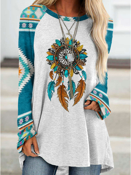 

Tribal Crew Neck Cotton Blends Loosen Shirts & Tops, White, Long sleeve tops