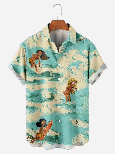 

Surf Seaside Pattern Shirt Collar Short Sleeve Short sleeve shirt, Blue, Short Sleeves Shirts