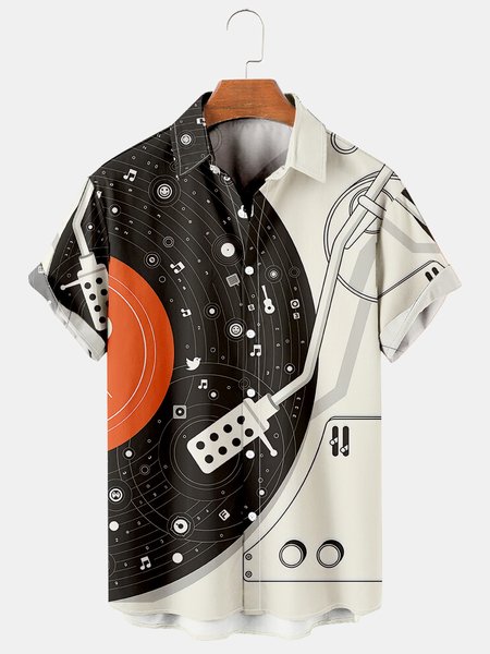 

Mens Music Vinyl Record Player Casual Breathable Short Sleeve Hawaiian Shirts, Black, Men's Floral shirt