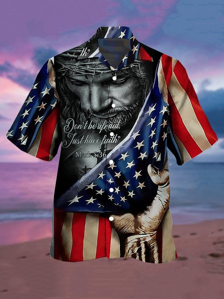 

Mens American Flag Easter Crucifix Jesus Dove Print Casual Breathable Short Sleeve Hawaiian Shirts, Blue, Men's Floral shirt