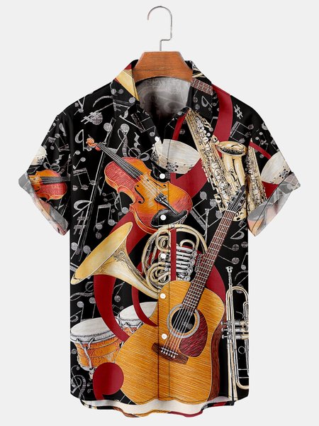 

Mens Musiccal instrument Casual Breathable Short Sleeve Hawaiian Shirts, Black, Men's Floral shirt