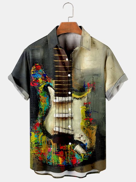 

Mens Music Guitar Art Painting Rock Roll Casual Breathable Short Sleeve Hawaiian Shirts, Gray, Men's Floral shirt