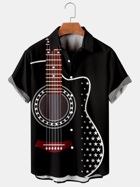 Mens Music Folk Pop Guitar Print Casual Breathable Short Sleeve Hawaiian Shirts, Black, Men's Floral shirt