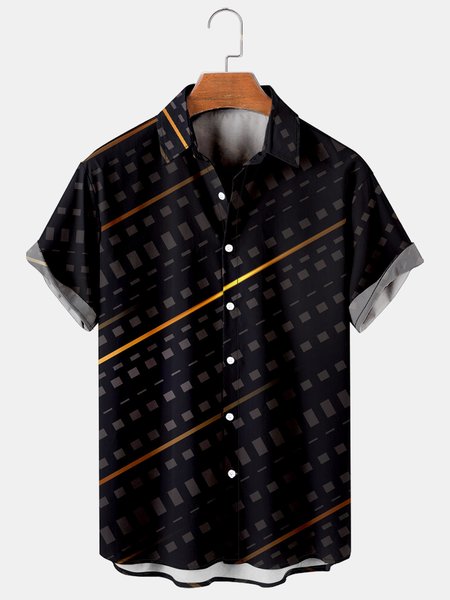 

Mens Striped Printed Breathable Casual Short Sleeve Shirt, Black, Men's Floral shirt