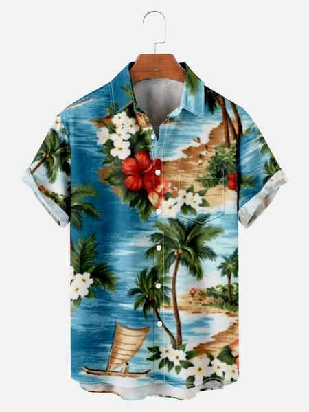 

Mens Beach Coconut Contrast Color Shirt Collar Short Sleeve Shirts & Tops, As picture, Short Sleeves Shirts
