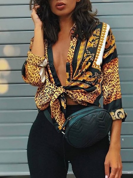 

Leopard Shirt Collar Casual Long Sleeve Loosen Top, Yellow brown, Blouses and Shirts