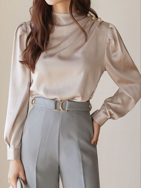 

Plain Regular Fit Stand Collar Daily Top, Apricot, Tops