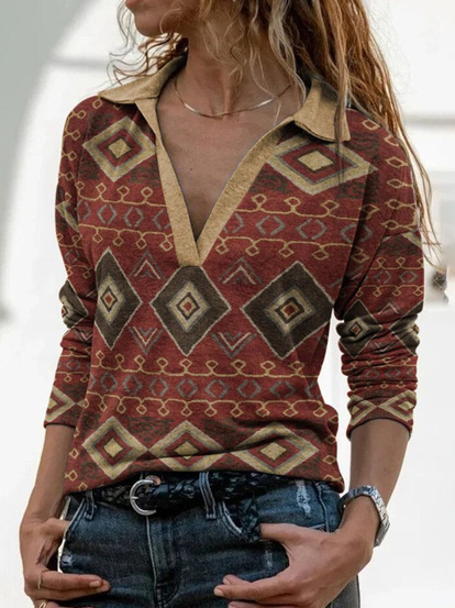 

V neck Regular Fit Tribal Casual Shirts & Tops, Red, Long sleeve tops
