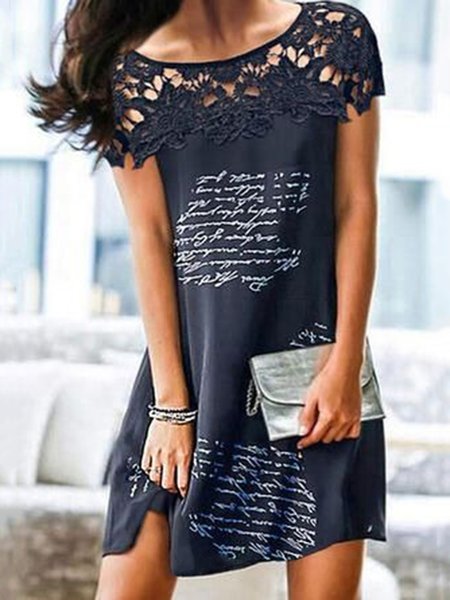 

Letters Printed Lace Casual Midi Dresses, Deep blue, Mini Dresses