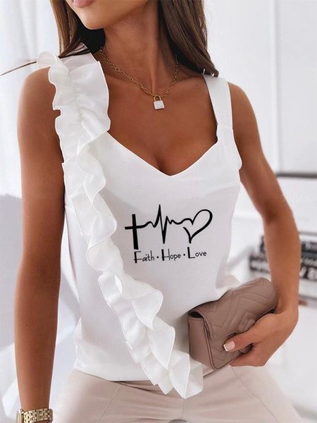 

Letter Sleeveless V neck Casual Vests, White, Tank Top
