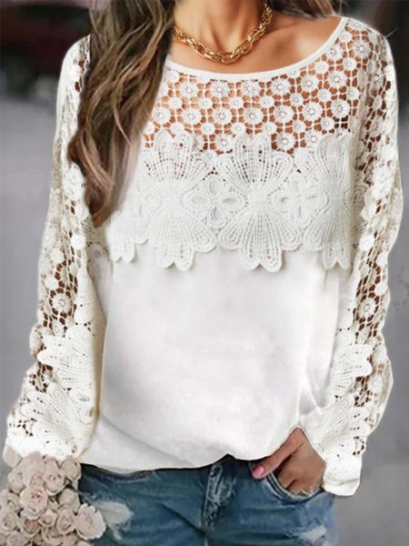 

Lace Plain Long Sleeves Crew Neck Plus Size Casual Tops, White, Tops
