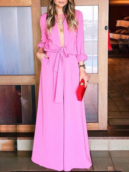 

V Neck Plain Loosen Daily One-Piece, Pink, Jumpsuits