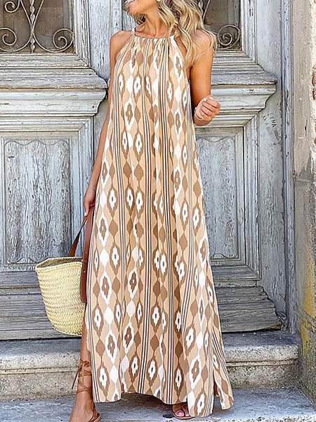 

Geometric Printed Halter Beach Vacation Dresses, Light brown, Maxi Dresses