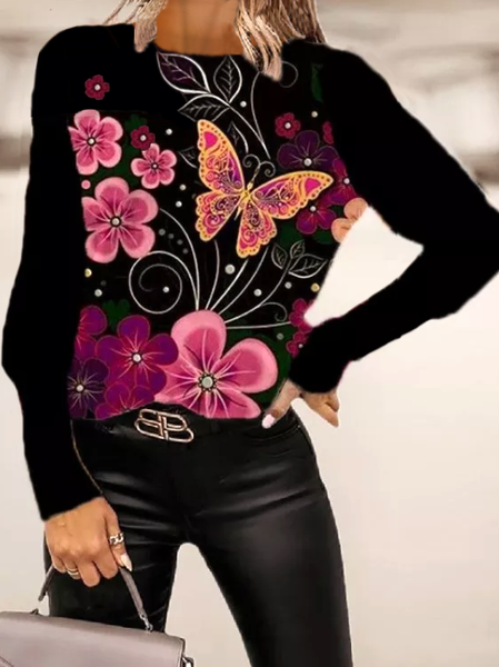 

Pink Floral Loose Sweatshirt Round Shoulder T-Shirt Crew Neck Sweet Loosen Shirts & Tops, Black, Long sleeve tops