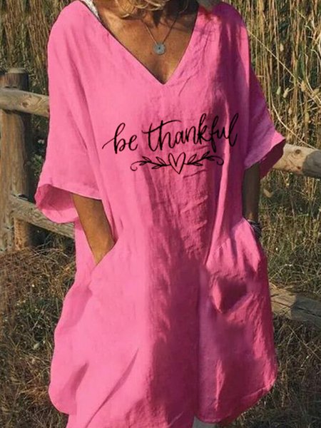 

V Neck Letter Casual Loosen Pockets Cotton Dresses, Deep pink, Mini Dresses