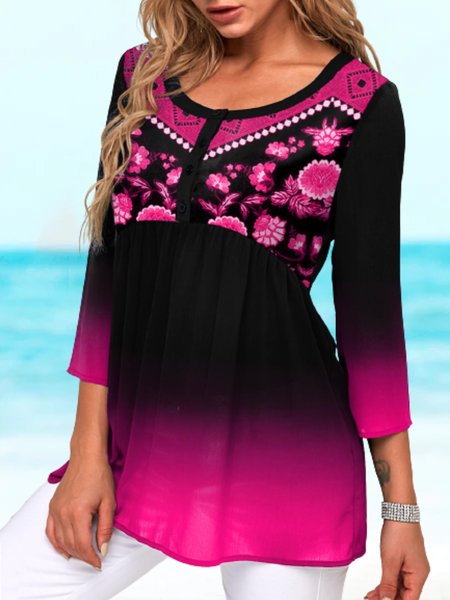 

Casual Three Quarter Round Neck Plus Size Printed Tops, Rose red, Tops