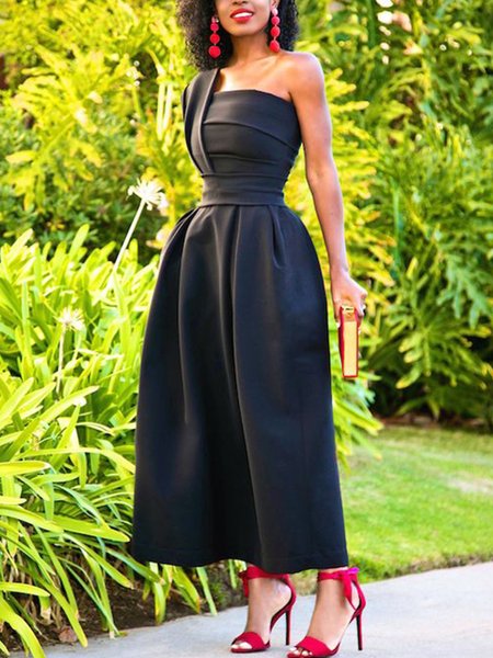 

One Shoulder Skinny Plain Elegant Maxi Dress, Black, Maxi Dresses