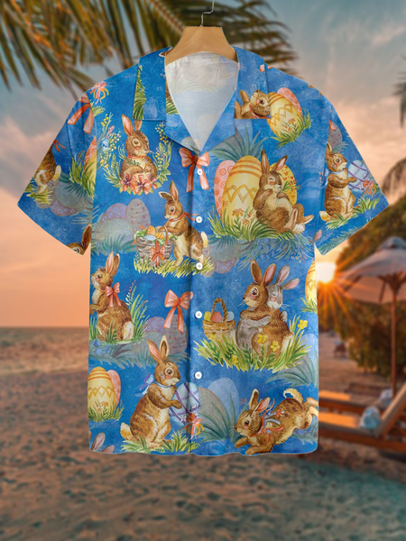 

Holiday Casual National Holiday Elements Easter Bunny And Botanical Hawaiian Print Shirt Top, Blue, Men's Floral shirt