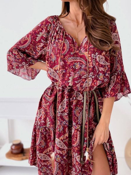

Regular Fit Paisley V Neck Dresses, Multicolor, Mini Dresses