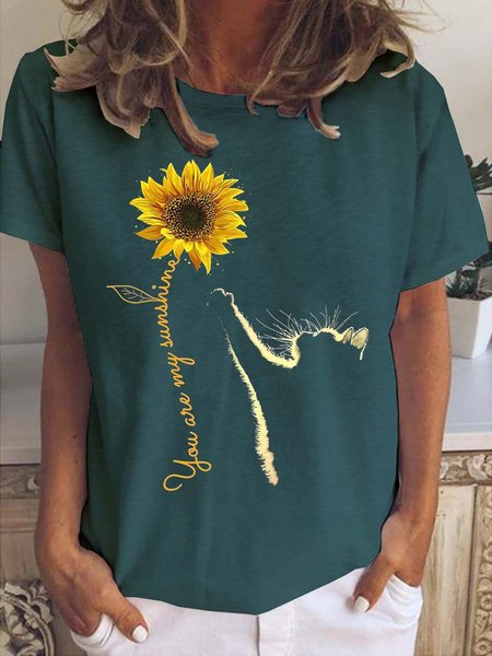 

Sunflower Cat You Are My Sunshine Crew Neck Casual Short sleeve tops, Dark green, T-shirts