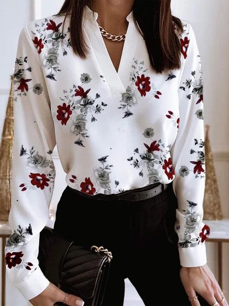 

V Neck Floral Loosen Shirts & Tops, White, Long sleeve tops