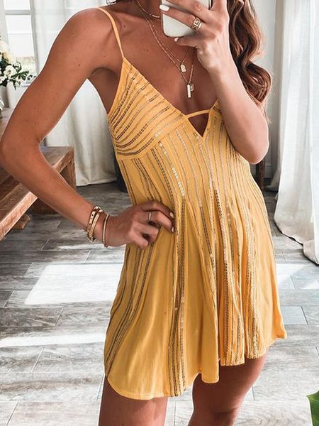 

V Neck Embellished Casual Dresses, Yellow, Mini Dresses