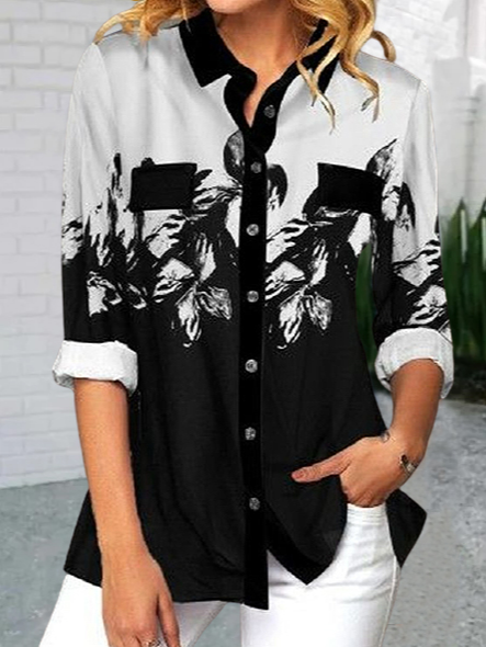 

Vacation Shirt Collar Floral Shirts & Tops, Black, Shirts & Blouses