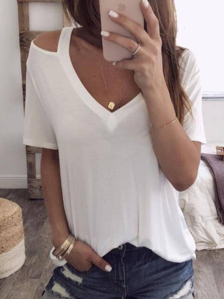 

Plain V Neck Casual Shirts & Tops, White, T-Shirts