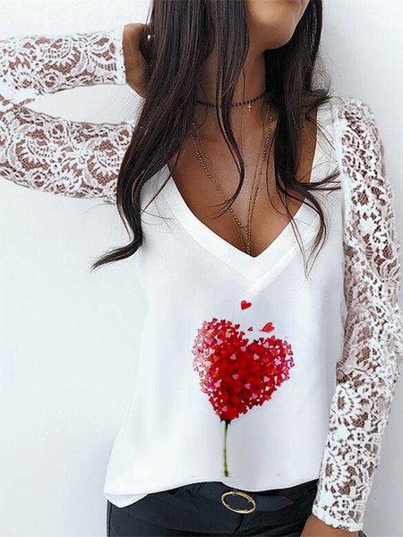 

Long sleeve Lace V neck Casual Heart Shirts & Tops, White, T-Shirts